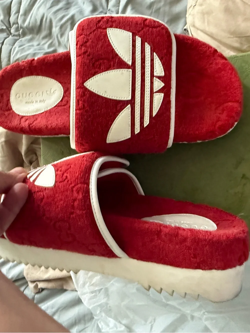 Gucci /adidas collab chunky Red Plush Slide Sandals with White Accents